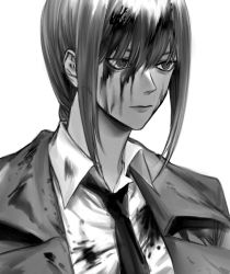 Rule 34 | 1girl, bad id, bad twitter id, black jacket, black necktie, blood, blood on face, braid, braided ponytail, business suit, chainsaw man, collared shirt, expressionless, eyebrows, formal, greyscale, highres, jacket, looking to the side, makima (chainsaw man), medium hair, monochrome, necktie, neckwear request, ra g0m, ringed eyes, shirt, simple background, suit, upper body, white background, white shirt