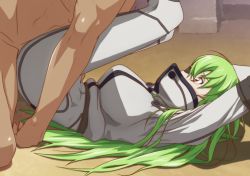 Rule 34 | 1girl, arms up, belq batoum bitool, breasts, c.c., clothed female nude male, code geass, from side, green hair, half mask, indoors, kneeling, kyabakurabakufu, large breasts, legs, legs up, long hair, looking at another, lying, mask, nude, sex, solo focus, thighs, vaginal, yellow eyes
