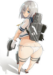 Rule 34 | 10s, 1girl, ass, bad id, bad pixiv id, bikini, bikini bottom only, blue eyes, breasts, butt crack, closed mouth, foreshortening, from behind, full body, gloves, hair ornament, hair over one eye, hairclip, hamakaze (kancolle), high heels, kantai collection, kekemotsu, looking back, medium breasts, sailor collar, sailor shirt, shirt, short hair, side-tie bikini bottom, silver hair, simple background, solo, standing, swimsuit, thigh strap, white background, white bikini, white gloves