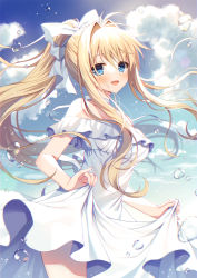 Rule 34 | 1girl, :d, air (visual novel), bare shoulders, blonde hair, blue eyes, blue sky, blush, bow, breasts, choker, cloud, commentary request, day, dress, hair between eyes, hair bow, hair intakes, highres, kamio misuzu, long hair, looking at viewer, mauve, medium breasts, off-shoulder dress, off shoulder, open mouth, outdoors, ponytail, short sleeves, sidelocks, skirt hold, sky, smile, solo, very long hair, water drop, white bow, white choker, white dress