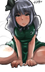 Rule 34 | 1girl, :o, arm support, blouse, blunt bangs, blush, bob cut, bow, bowtie, breasts, breasts squeezed together, dress, green dress, green eyes, green skirt, grey hair, hair bow, highres, kamiya (amamiko), konpaku youmu, konpaku youmu (ghost), large breasts, leaning forward, looking at viewer, mole, mole under mouth, puffy short sleeves, puffy sleeves, shirt, short sleeves, simple background, sitting, sketch, skirt, skirt set, solo, touhou, v arms, vest, wariza, white background, white hair, white shirt