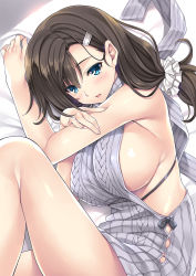Rule 34 | 1girl, backless dress, backless outfit, bare legs, bare shoulders, bed, blue eyes, blush, breasts, brown hair, dress, female focus, from above, grey sweater, hair ornament, hairclip, hands up, head tilt, highres, lace, large breasts, legs, long hair, looking at viewer, low ponytail, lying, meme attire, mizuhara yuu, naked sweater, no bra, on bed, on side, original, parted lips, ribbed sweater, solo, sweater, sweater dress, thighs, turtleneck, turtleneck sweater, virgin killer sweater