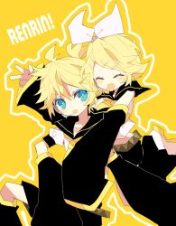 Rule 34 | 1boy, 1girl, bad id, bad pixiv id, blue eyes, blush, bow, brother and sister, closed eyes, hair bow, kagamine len, kagamine rin, shichi, siblings, twins, vocaloid