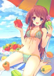 Rule 34 | 1girl, :d, ahoge, barefoot, beach, beach umbrella, bell pepper, bikini, blue eyes, blush, breasts, chair, cleavage, cloud, cloudy sky, day, flower, folding chair, food, frilled bikini, frills, front-tie top, groin, hair flower, hair ornament, huge ahoge, leaning back, long hair, looking at viewer, medium breasts, navel, ocean, open mouth, original, outdoors, pepper, peppers, red hair, reia, short twintails, side-tie bikini bottom, sitting, sky, smile, solo, striped bikini, striped clothes, swimsuit, twintails, two side up, umbrella, untied bikini, vegetable, vertical-striped bikini, vertical-striped clothes, wariza, water, wristband