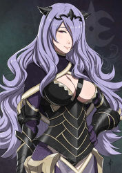Rule 34 | 1girl, armor, artist name, breasts, camilla (fire emblem), circlet, cleavage, fire emblem, fire emblem fates, gloves, hair over one eye, large breasts, long hair, nintendo, polarityplus, purple eyes, purple hair, solo, very long hair