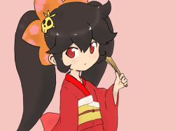 Rule 34 | 1girl, ashley (warioware), black hair, child, detesu, hand fan, japanese clothes, kimono, long hair, nintendo, paper fan, pink background, red eyes, solo, twintails, warioware, witch