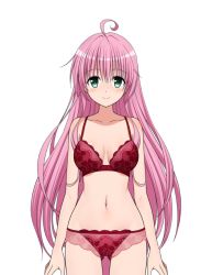 Rule 34 | 1girl, ahoge, blush, bra, breasts, colored skin, green eyes, highres, lace, lace-trimmed bra, lace-trimmed panties, lace trim, lala satalin deviluke, long hair, panties, pink hair, red bra, red panties, solo, to love-ru, to love-ru darkness, underwear, underwear only