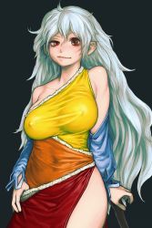 Rule 34 | 1girl, bare shoulders, blue sleeves, breasts, collarbone, commentary request, covered erect nipples, covered navel, cowboy shot, detached sleeves, dress, envenomist (gengoroumaru), grey background, hair between eyes, hand on hilt, highres, large breasts, long hair, looking at viewer, messy hair, multicolored clothes, multicolored dress, no bra, orange dress, planted, red dress, red eyes, sakata nemuno, side slit, silver hair, simple background, single strap, smile, solo, standing, touhou, uneven eyes, very long hair, weapon, yellow dress
