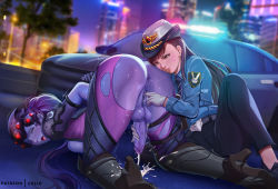 Rule 34 | 1futa, 1girl, all fours, anus, arms behind back, ass, black pants, blue necktie, blue shirt, bodysuit, breasts, brown eyes, brown hair, car, censored, city, closed eyes, colored skin, commentary, cum, cum on clothes, d.va (overwatch), english commentary, exlic, fingering, full-package futanari, futa with female, futanari, gloves, has uncensored version, high heels, long hair, medium breasts, mosaic censoring, motor vehicle, necktie, night, officer d.va, open mouth, orange eyes, outdoors, overwatch, overwatch 1, pants, patreon username, penis, police car, ponytail, purple hair, purple skin, pussy, pussy juice, saliva, saliva trail, shirt, sitting, teeth, testicles, torn bodysuit, torn clothes, trembling, tucked penis, white gloves, widowmaker (overwatch)