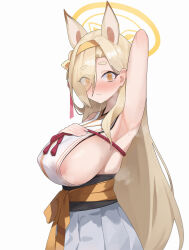 Rule 34 | 1girl, @ @, animal ears, areola slip, armpits, blonde hair, blue archive, breasts, embarrassed, extra ears, fox ears, hair over one eye, hairband, hakama, halo, hand on own chest, highres, japanese clothes, kaho (blue archive), kimono, kumari2311, large breasts, long hair, looking at viewer, orange eyes, orange hairband, orange halo, short eyebrows, sideboob, sideless kimono, sleeveless, sleeveless kimono, sweat, tearing up, thick eyebrows, very long hair, white background, white hakama, white kimono, yellow hairband