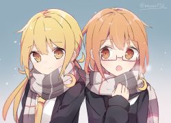 Rule 34 | 2girls, :o, a.a (aa772), black serafuku, blonde hair, blue background, blue jacket, brown eyes, brown hair, crescent, crescent pin, glasses, gradient background, jacket, kantai collection, long hair, long sleeves, looking at another, looking at viewer, mochizuki (kancolle), multiple girls, neckerchief, necktie, red-framed eyewear, remodel (kantai collection), satsuki (kancolle), scarf, school uniform, semi-rimless eyewear, serafuku, shared clothes, shared scarf, simple background, smile, twintails, twitter username, upper body, white neckwear, yellow neckwear