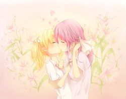 Rule 34 | 2girls, blush, closed eyes, flower, highres, kiss, lily (flower), multiple girls, sakura trick, sonoda yuu, takayama haruka, yuri