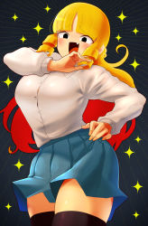 Rule 34 | absurdres, breasts, drill hair, fang, highres, hime cut, kaneda mochiko, large breasts, mount celebrity kaneda-san, ojou-sama pose, open mouth, school uniform, skirt, thighhighs, thighs