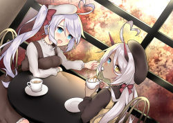 Rule 34 | 10komorimori, 2girls, absurdres, ahoge, alternate costume, autumn, autumn leaves, azur lane, beret, blue eyes, blush, cafe, chair, coffee, coffee mug, commentary request, cup, dark-skinned female, dark skin, day, fang, food, food on face, hair ribbon, hat, heart, heart-shaped pupils, heart ahoge, heterochromia, highres, holding, holding cup, horns, indianapolis (azur lane), indoors, looking at another, mug, multiple girls, oni horns, open mouth, pink hair, portland (azur lane), red ribbon, ribbon, round table, side ponytail, silver hair, sitting, skirt, smile, suspender skirt, suspenders, symbol-shaped pupils, table, window, yellow eyes