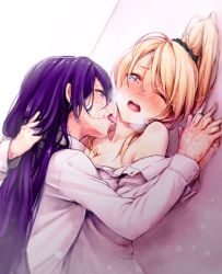 Rule 34 | 10s, 2girls, against wall, blind, blonde hair, blue eyes, blush, breasts, burn scar, cleavage, clothes pull, dress shirt, dutch angle, grabbing another&#039;s hair, holding hands, ikezawa hanako, interlocked fingers, katawa shoujo, licking, licking another&#039;s neck, long hair, multiple girls, off shoulder, one eye closed, open mouth, ponytail, purple eyes, purple hair, satou lilly, scar, school uniform, scrunchie, shirt, shirt pull, small breasts, sweat, third-party edit, wince, yuri