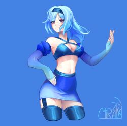 Rule 34 | 1girl, alternate costume, bare shoulders, blue background, blue gloves, blue hair, blue hairband, blue skirt, blue thighhighs, breasts, cleavage, commentary, criss-cross halter, cropped legs, elbow gloves, eula (genshin impact), fingerless gloves, genshin impact, gloves, hairband, halterneck, highres, long hair, looking at viewer, midriff, miniskirt, miramarin, navel, pencil skirt, simple background, skirt, small breasts, solo, standing, stomach, thighhighs, thighs, yellow eyes