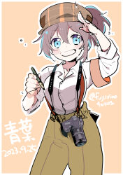 Rule 34 | 1girl, aoba (kancolle), aqua eyes, armband, breasts, brown hat, brown pants, camera, camera around neck, character name, dated, fujii rino, grin, hair between eyes, hat, holding, holding pencil, kantai collection, looking at viewer, medium breasts, outline, pants, pencil, ponytail, purple hair, salute, shirt, simple background, smile, solo, suspenders, twitter username, white shirt
