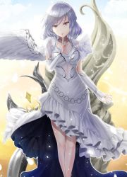 Rule 34 | 1girl, alternate costume, braid, breasts, bridal gauntlets, commentary request, crown braid, dress, elbow gloves, feathered wings, finger to mouth, gloves, kishin sagume, looking at viewer, medium breasts, red eyes, shushing, silver hair, single wing, solo, touhou, white dress, white gloves, white wings, wings, y2