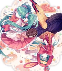 Rule 34 | 2girls, :o, animal ears, animal hood, aqua bow, aqua eyes, aqua hair, bad id, bad pixiv id, bandaid, boots, bow, burger, candy, chocolate, closed mouth, cookie, cross-laced footwear, doughnut, dual persona, eyebrows, fake animal ears, food, frilled sleeves, frills, gloves, hair between eyes, hair ornament, hair scrunchie, hatsune miku, holding, holding stuffed toy, hood, in food, interlocked fingers, kneehighs, lace-up boots, light particles, lol -lots of laugh- (vocaloid), long hair, long sleeves, looking at viewer, lyodi, md5 mismatch, multiple girls, no shoes, one eye closed, outline, own hands together, pancake, pantyhose, pink bow, pink gloves, pink skirt, pleated skirt, puffy short sleeves, puffy sleeves, purple skirt, rabbit ears, rabbit hood, ribbed legwear, rubbing eyes, school uniform, scrunchie, serafuku, short sleeves, skirt, socks, song name, striped clothes, striped legwear, striped pantyhose, stuffed animal, stuffed rabbit, stuffed toy, sweets, twintails, upside-down, vertical-striped clothes, vertical-striped legwear, vertical-striped pantyhose, very long hair, vocaloid, white legwear, yellow legwear
