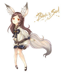 Rule 34 | 10s, 1girl, animal ear fluff, animal ears, blade &amp; soul, brown hair, fox ears, long hair, lyn (blade &amp; soul), mary janes, red eyes, shoes, shorts, simple background, smile, solo, tail, white background