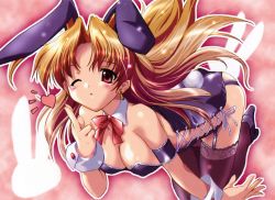 Rule 34 | 00s, 1girl, ;o, absurdres, animal ears, armband, ass, black thighhighs, blonde hair, blowing kiss, breasts, cleavage, earrings, fake animal ears, garter straps, hair intakes, heart, highres, jewelry, kazetsubaki kuriko, komatsu eiji, lace, lace-trimmed panties, lace trim, large breasts, leotard, maburaho, one eye closed, panties, playboy bunny, rabbit ears, rabbit tail, red eyes, scan, tail, thighhighs, underwear, wink, wrist cuffs