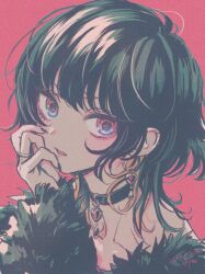 1girl akiyama_enma black_hair choker commentary_request earrings film_grain fingernails fingers_to_cheek highres jewelry looking_at_viewer loose_hair_strand medium_hair nail_polish open_mouth original pastel_colors red_background sharp_fingernails solo