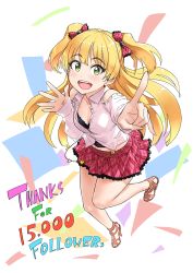 Rule 34 | blonde hair, bow, breasts, cleavage, clothing cutout, collarbone, dress shirt, english text, gem, hair bow, high heels, highres, idolmaster, idolmaster cinderella girls, jougasaki rika, long hair, midriff, milestone celebration, multicolored text, navel, outstretched hand, partially unbuttoned, pink bow, pink skirt, plaid, plaid bow, plaid skirt, pointing, sandals, shirt, shoulder cutout, skirt, small breasts, solo, tachibana roku, thank you, two side up, yellow eyes