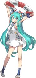 Rule 34 | 1girl, anchor print, aqua eyes, aqua hair, arms up, bare arms, blue ribbon, blue scrunchie, blue socks, contrapposto, dress, full body, grey neckerchief, hair ornament, hair ribbon, hat, hatsune miku, holding, holding swim ring, innertube, lifebuoy, long hair, looking at viewer, natsufuku miku, neckerchief, official art, open mouth, ribbon, rope, sailor collar, sailor dress, sailor hat, saitou naoki, scrunchie, second-party source, sleeveless, sleeveless dress, smile, socks, solo, standing, striped, striped ribbon, swim ring, taito four seasons figure (vocaloid), transparent background, twintails, very long hair, vocaloid, white footwear, white hat