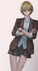 Rule 34 | 1girl, blazer, blonde hair, blush, crossed arms, highres, idolmaster, idolmaster shiny colors, infukun, jacket, leaning to the side, looking at viewer, plaid, plaid skirt, pleated skirt, red eyes, saijo juri, school uniform, shirt, short hair, signature, simple background, skirt, sleeves rolled up, smile, solo, unbuttoned, unbuttoned shirt, untucked shirt, white shirt