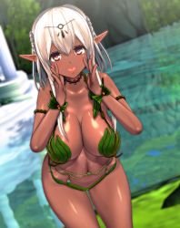 Rule 34 | 1girl, 3d, :d, bare arms, bare shoulders, belly chain, blush, breasts, brown eyes, cleavage, collarbone, commentary request, cowboy shot, custom maid 3d 2, dark-skinned female, dark elf, dark skin, day, elf, hair between eyes, hands up, headpiece, highres, jewelry, large breasts, leaf bikini, looking at viewer, midriff, minamo rm, navel, open mouth, original, outdoors, pointy ears, shiny skin, short hair, shouting, sidelocks, silver hair, smile, solo, stomach, wrist cuffs