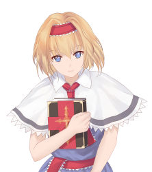 Rule 34 | 1girl, alice margatroid, bad id, bad pixiv id, blonde hair, blue dress, blue eyes, book, hugging book, capelet, closed mouth, dress, grimoire of alice, hairband, highres, holding, holding book, lolita hairband, looking at viewer, hugging object, sash, short hair, smile, solo, touhou, upper body, white background, x&amp;x&amp;x