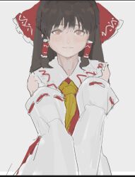 Rule 34 | 1girl, arms up, ascot, bare shoulders, black hair, bow, brown eyes, brown hair, closed mouth, commentary request, cowboy shot, detached sleeves, grey background, hair bow, hair tubes, hakurei reimu, light blush, light smile, long hair, long sleeves, looking at viewer, red bow, reisende1969, simple background, sketch, solo, straight-on, touhou, v arms, yellow ascot