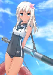 Rule 34 | 10s, 1girl, arms behind back, bare legs, bare shoulders, blue eyes, blue sky, cloud, crop top, day, flower, hair flower, hair ornament, kantai collection, lifebuoy, long hair, looking at viewer, neckerchief, one-piece swimsuit, ro-500 (kancolle), sailor collar, sana (sauber0531), school swimsuit, shirasawa kazane, sky, smile, solo, swim ring, swimsuit, swimsuit under clothes, tan, tanline, torpedo, white hair