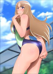 Rule 34 | 10s, 1girl, absurdres, aquila yuna, arched back, ass, bare shoulders, blonde hair, blue eyes, blush, breasts, cloud, embarrassed, from behind, highres, huge ass, legs, long hair, looking back, saint seiya, saint seiya omega, shiny skin, sky, small breasts, solo, standing, sweat, swimsuit, thighs, yadokari genpachirou
