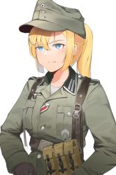 Rule 34 | 1girl, absurdres, ammunition pouch, belt, belt buckle, blonde hair, blue eyes, buckle, collarbone, field cap, gloves, grey hat, hat, high ponytail, highres, insignia, jacket, load bearing equipment, military, military jacket, military uniform, original, pouch, reichsadler, serious, simple background, soldier, solo, swastika, unicron (brous), uniform, upper body, white background, world war ii