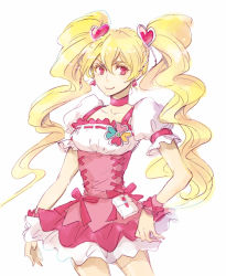 Rule 34 | 00s, 1girl, ayaco cc, blonde hair, bow, choker, corset, cure peach, earrings, fresh precure!, hair ornament, heart hair ornament, jewelry, long hair, magical girl, momozono love, pink bow, pink eyes, precure, puffy sleeves, ribbon, sketch, skirt, smile, solo, twintails, white background, wrist cuffs