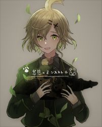 Rule 34 | 1boy, :d, akitama2727, antenna hair, coat, green coat, green eyes, green hair, grey background, hair between eyes, hair ornament, hairpin, holding, long sleeves, looking at viewer, open mouth, pinocchio (sinoalice), short hair, simple background, sinoalice, smile, solo
