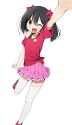 Rule 34 | 10s, 1girl, ;d, arm up, badge, black hair, blush, bow, button badge, casual, hair bow, looking at viewer, love live!, love live! school idol project, miyako hito, off shoulder, one eye closed, open mouth, red eyes, shirt, short hair, skirt, smile, solo, t-shirt, thighhighs, tied shirt, twintails, white thighhighs, yazawa nico, zettai ryouiki