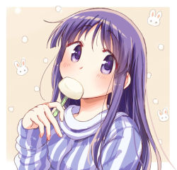 Rule 34 | 1girl, blush, commentary request, eating, food, hand up, hinata yukari, holding, long hair, long sleeves, looking at viewer, popsicle, purple eyes, purple hair, rabbit, solo, striped clothes, striped sweater, sweater, tatsunokosso, yellow background, yuyushiki