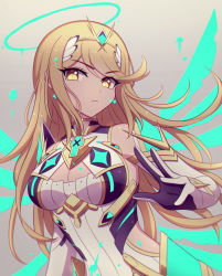 Rule 34 | 1girl, bare shoulders, blonde hair, breasts, chest jewel, cleavage, cleavage cutout, clothing cutout, dress, earrings, elbow gloves, enni, gloves, highres, jewelry, large breasts, long hair, mythra (xenoblade), short dress, solo, swept bangs, tiara, very long hair, white dress, white gloves, xenoblade chronicles (series), xenoblade chronicles 2, yellow eyes