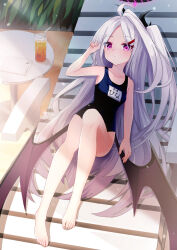 Rule 34 | 1girl, ahoge, bare arms, bare legs, bare shoulders, barefoot, bendy straw, blue archive, blue one-piece swimsuit, breasts, collarbone, commentary request, cup, day, demon wings, drinking glass, drinking straw, grey hair, hair ornament, hairclip, halo, hand up, highres, hina (blue archive), hina (swimsuit) (blue archive), horns, ice, ice cube, knee up, long hair, looking at viewer, low wings, nishina kakeri, one-piece swimsuit, one side up, outdoors, parted bangs, purple eyes, purple wings, school swimsuit, small breasts, solo, sunlight, swimsuit, table, very long hair, wings