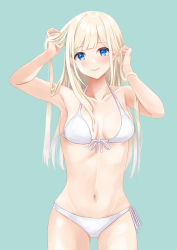 Rule 34 | 1girl, adjusting hair, armpits, arms up, bare arms, bikini, blonde hair, blue eyes, blunt bangs, blush, breasts, collarbone, front-tie bikini top, front-tie top, green background, groin, halterneck, hand in own hair, highres, long hair, looking at viewer, medium breasts, mossan (mossan-777), navel, original, side-tie bikini bottom, simple background, smile, solo, swimsuit, white bikini