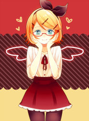 Rule 34 | 1girl, bad id, bad pixiv id, blonde hair, glasses, hands on own face, heart, kagamine rin, looking at viewer, nokuhashi, pantyhose, short hair, skirt, smile, solo, vocaloid