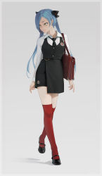 Rule 34 | 1girl, absurdres, bag, black footwear, black necktie, black skirt, black vest, blue hair, closed mouth, collared shirt, hair ribbon, highres, hlyzz, long hair, long sleeves, looking away, looking to the side, necktie, original, red thighhighs, ribbon, shirt, shoes, shoulder bag, skirt, solo, thighhighs, twintails, vest, white shirt, yellow eyes