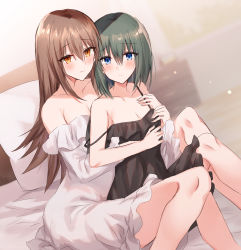 Rule 34 | 2girls, bare arms, bare shoulders, black dress, blue eyes, blurry, blurry background, blush, breasts, brown eyes, brown hair, chest of drawers, cleavage, closed mouth, collarbone, depth of field, dress, dutch angle, green hair, hair between eyes, highres, indoors, kinona, long hair, medium breasts, multiple girls, off-shoulder dress, off shoulder, on bed, original, pillow, sitting, sleeveless, sleeveless dress, small breasts, smile, strap slip, very long hair, white dress, yuri