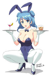 Rule 34 | 1girl, animal ears, bare shoulders, blue eyes, blue hair, blue leotard, bow, bowtie, breasts, cleavage, covered navel, cup, dated, detached collar, double bun, drinking glass, fake animal ears, gloves, hair bun, high heels, highres, kantai collection, kishi nisen, large breasts, leotard, long hair, looking at viewer, open mouth, panties, pantyhose, playboy bunny, rabbit ears, shadow, smile, solo, squatting, strapless, strapless leotard, traditional bowtie, tray, twitter username, underwear, urakaze (kancolle), waitress, white background, white gloves, white panties, white pantyhose, wrist cuffs