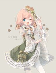 Rule 34 | 1girl, ;d, blue eyes, blush, bow, character name, clothes lift, commentary, dress, dress lift, flower, frilled dress, frills, gothic wa mahou otome, green bow, green dress, grey background, hair between eyes, hair flower, hair ornament, hand up, juliet sleeves, lifting own clothes, lolita fashion, long sleeves, low twintails, one eye closed, open mouth, pantyhose, pink hair, puffy sleeves, rento (rukeai), rose, short twintails, simple background, smile, solo, souffle (gothic wa mahou otome), star (symbol), twintails, twitter username, white pantyhose, wide sleeves, yellow flower, yellow rose