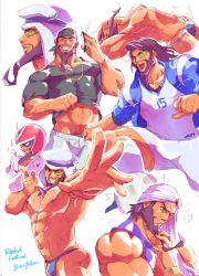 Rule 34 | 1boy, abs, alternate costume, arabian clothes, bara, bare arms, bare pectorals, bare shoulders, beard, beaugilliam, bikini briefs, blue male underwear, bulge, clothes lift, facial hair, highres, hood, hoodie, jacket, large pectorals, lifted by self, long hair, male focus, male swimwear, male underwear, midriff peek, multiple views, muscular, navel, navel hair, nipples, open clothes, open hoodie, pectorals, rashid (street fighter), shirt, shirt lift, shorts, sleeveless, smile, sportswear, street fighter, sunglasses, swimsuit, taut clothes, taut shirt, thick thighs, thighs, track jacket, underwear, white male swimwear, white shorts, white swim trunks