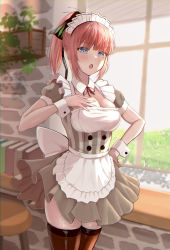 Rule 34 | 1girl, absurdres, alternate hairstyle, apron, black ribbon, blue eyes, blush, book, breasts, butterfly hair ornament, buttons, commentary, day, dress, go-toubun no hanayome, grey dress, hair ornament, hair ribbon, hand on own chest, hand on own hip, high ponytail, highres, indoors, large breasts, looking at viewer, maid headdress, nakano nino, neck ribbon, open mouth, pink hair, plant, puffy short sleeves, puffy sleeves, red ribbon, ribbon, short sleeves, solo, standing, stool, striped clothes, striped dress, sunlight, thighhighs, thighs, vertical-striped clothes, vertical-striped dress, waist apron, white apron, window, wrist cuffs, yousuketwelve