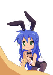 Rule 34 | 1boy, 1girl, :3, absurdres, ahoge, animal costume, animal ears, bare shoulders, bent over, black pantyhose, blue hair, blush, bow, bowtie, censored, closed mouth, clothed female nude male, detached collar, dot nose, fake animal ears, fake tail, green eyes, handjob, hetero, highres, izumi konata, leotard, long hair, looking at viewer, lucky star, mole, mole under eye, mosaic censoring, not call, nude, pantyhose, penis, penis grab, playboy bunny, rabbit ears, rabbit tail, simple background, smile, solo focus, strapless, strapless leotard, tagme, tail, white background, wing collar, wrist cuffs